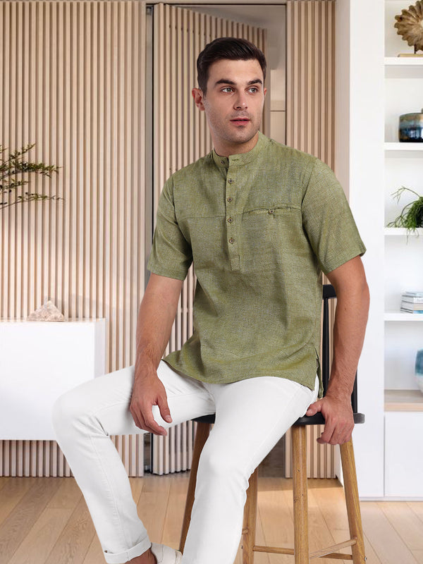 Tesmare 100% Cotton Self Design Men Shirt Short Khadi Kurta, Green