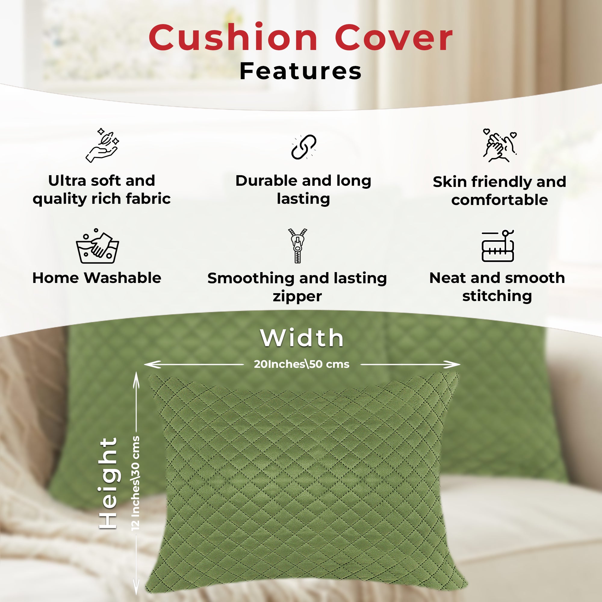 Tesmare Velvet Quilted Cushion Cover,Solid color Throw Pillow Case for Home Sofa, Pack of 2pcs,Green