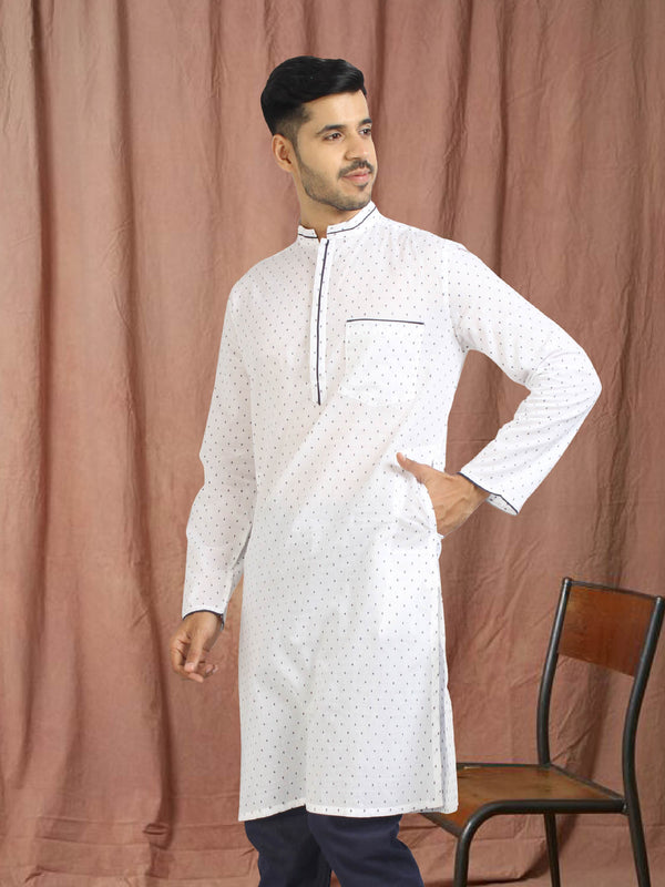 Stylish Front Pocket Long Kurta For Men in 100% Cotton Fabric, White