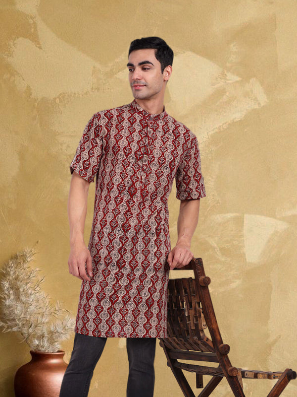 TESMARE Premium Kalamkari Cotton Men Shirt Kurta Regular Fit Beige-Red