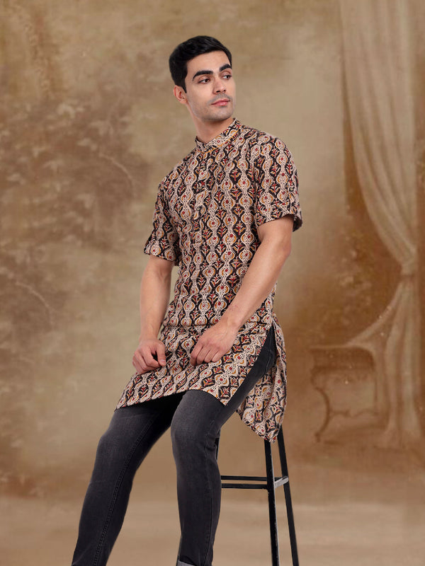 TESMARE Premium Kalamkari Cotton Men Shirt Kurta Regular Fit ,Beige-Black