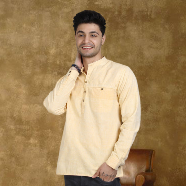 Designer 100% Khadi Cotton Full Sleeve Short Kurta For Men, Yellow- Orange