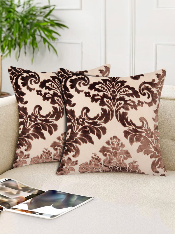 Tesmare Premium Damask Velvet Square Cushion Covers For Couch, Beige Brown