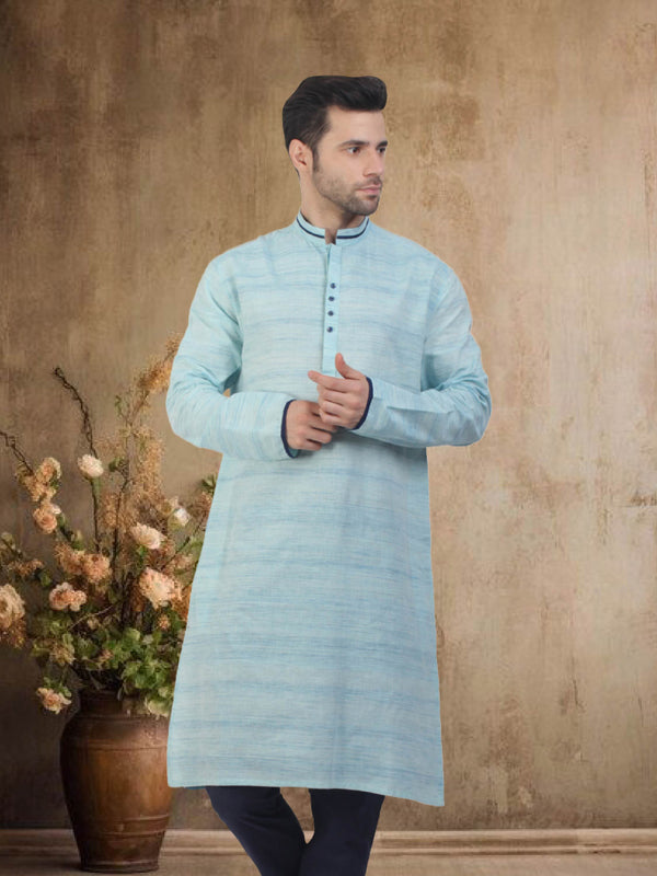 Traditional 100 % Cotton Long Sleeve Kurta For Men, Light blue Stripe