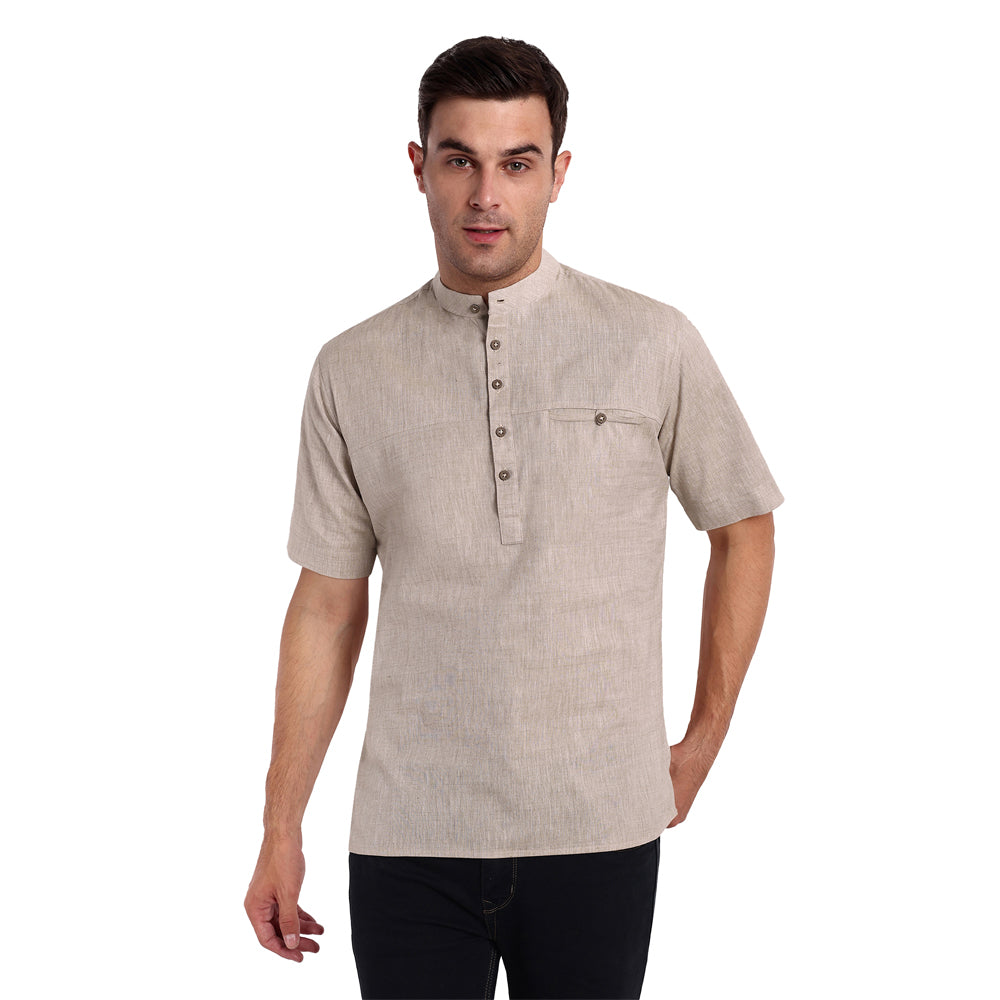 Tesmare Khadi Cotton men shirt short kurta,Beige