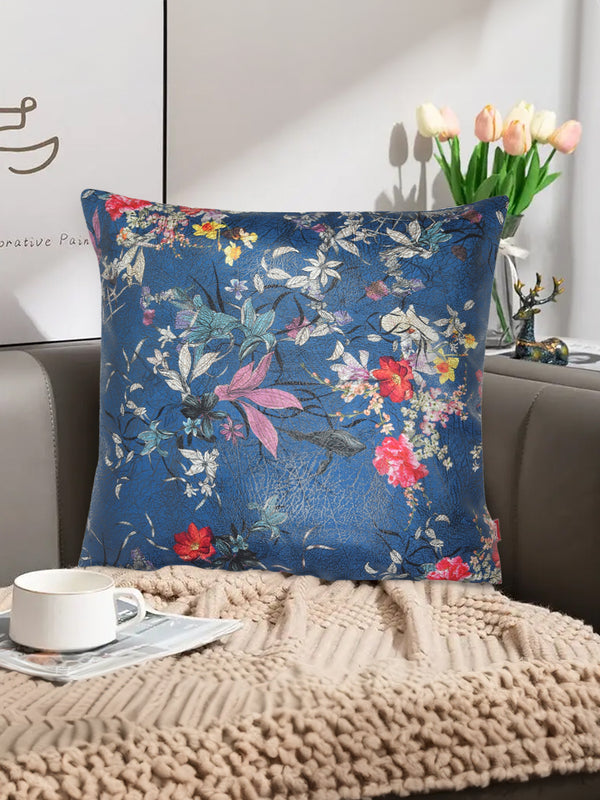 Tesmare Blue & White Floral Velvet Cushion Cover Front View