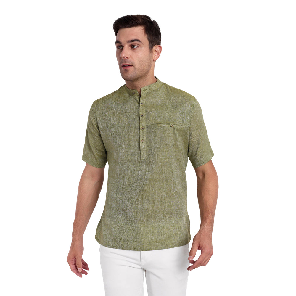 Tesmare 100% cotton self Design men shirt short Khadi kurta,Green
