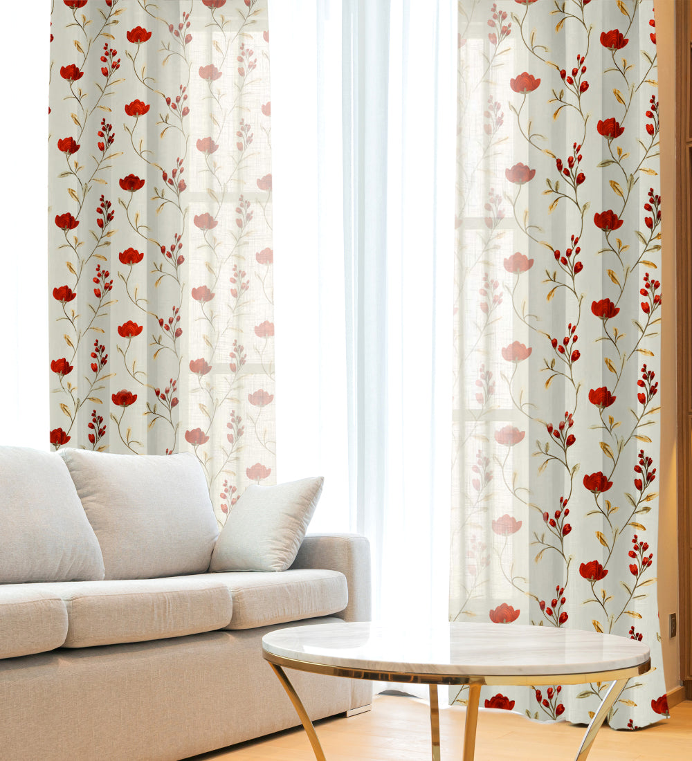 Tesmare Light Filtering Embroidered Curtains,7ft,White/Red,1Panel