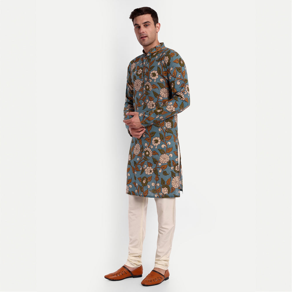 TESMARE Cotton Long Sleeve Kalamkari Men Straight Long Kurta,Blue