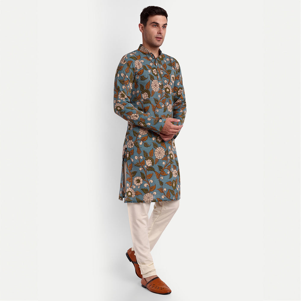 TESMARE Cotton Printed Regular Fit Full Sleeve Men Straight Long Kurta,Blue