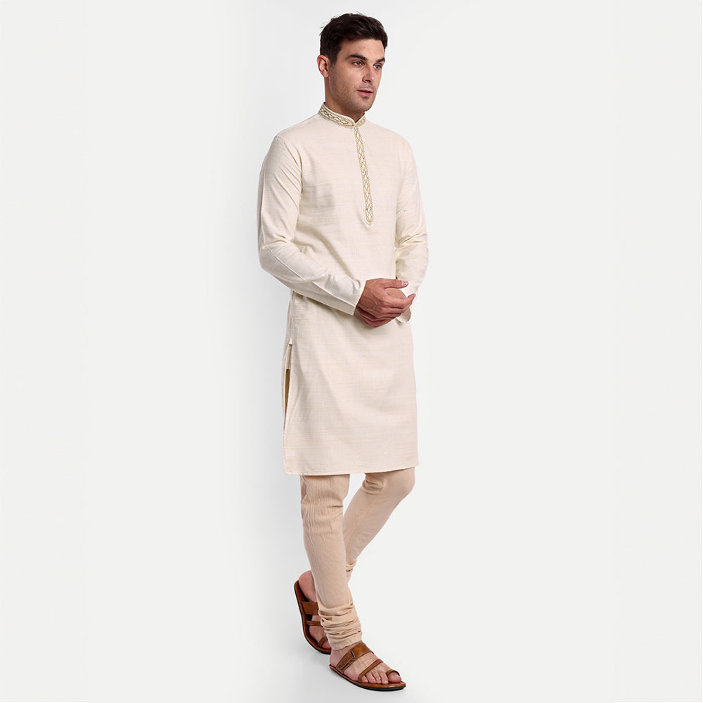 TESMARE Cotton Embroidered Full Sleeve Men Straight Long Kurta, Beige