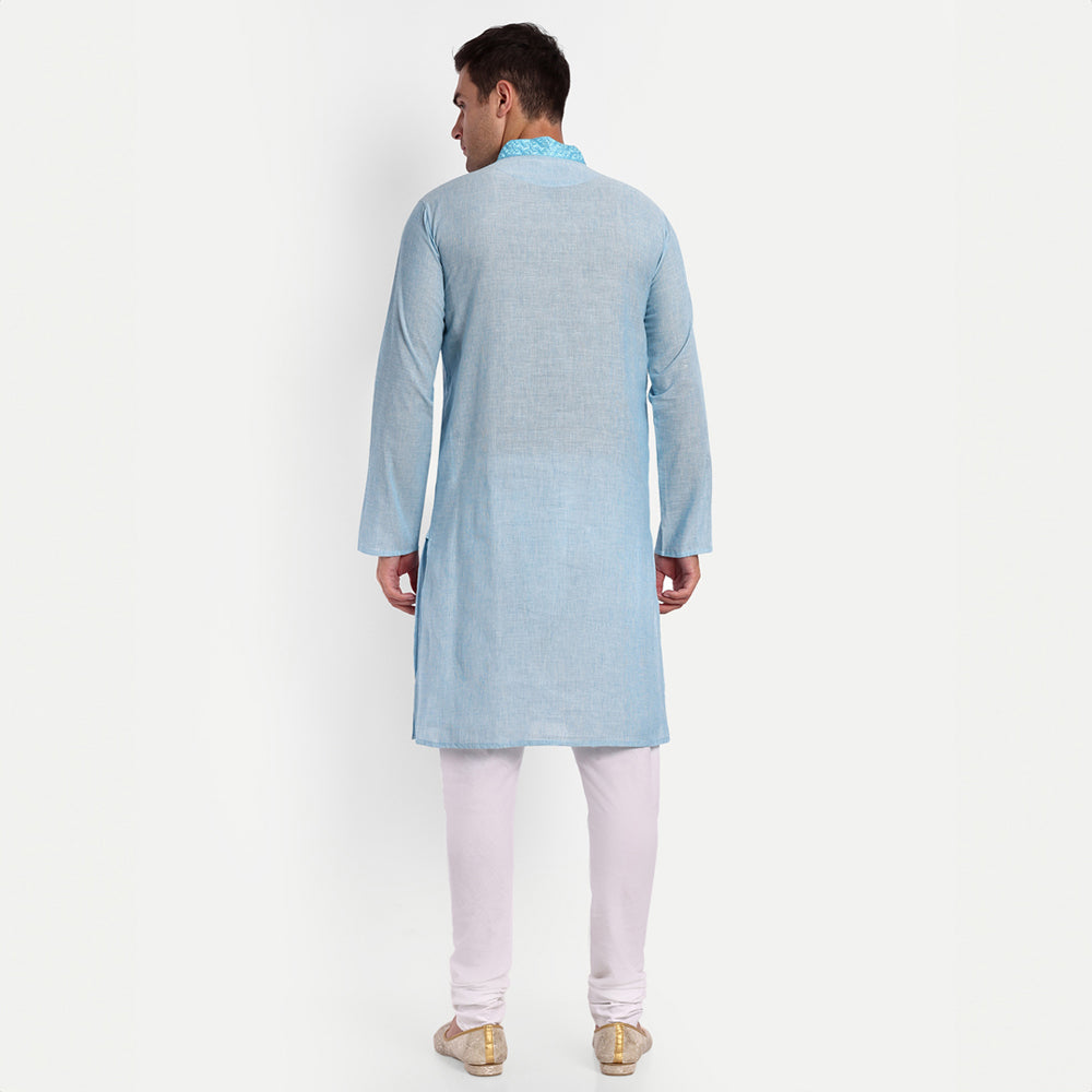 TESMARE Cotton Long Sleeve Embroidered Full Sleeve Men Straight Long Kurta, Blue