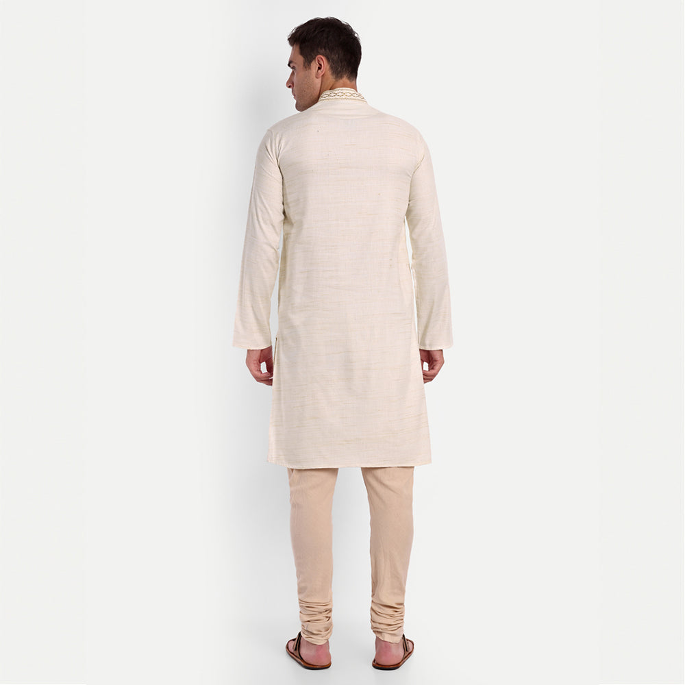 TESMARE Cotton Embroidered Full Sleeve Men Straight Long Kurta, Beige