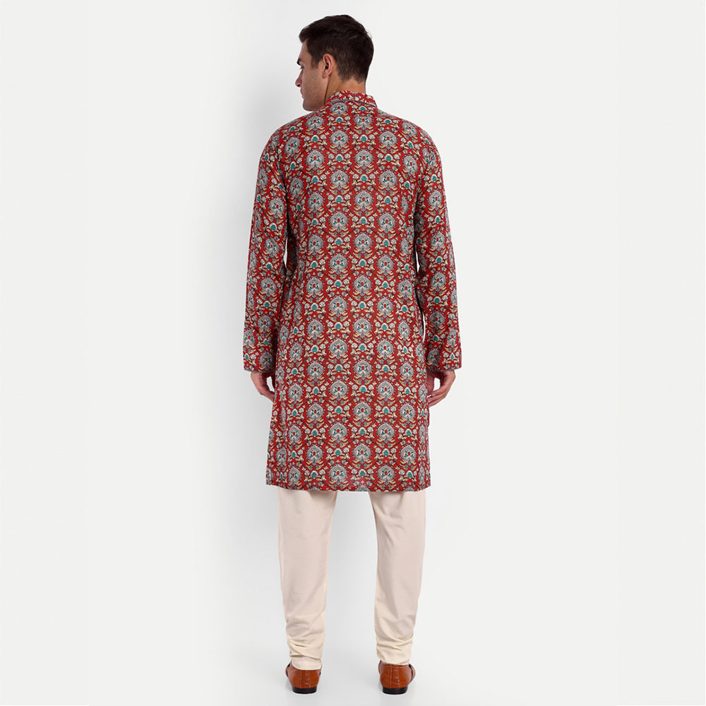 TESMARE Cotton Printed Full Sleeve Men Straight Long Kurta,Red