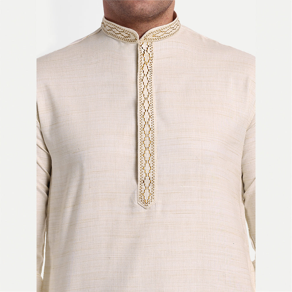 TESMARE Cotton Embroidered Full Sleeve Men Straight Long Kurta, Beige