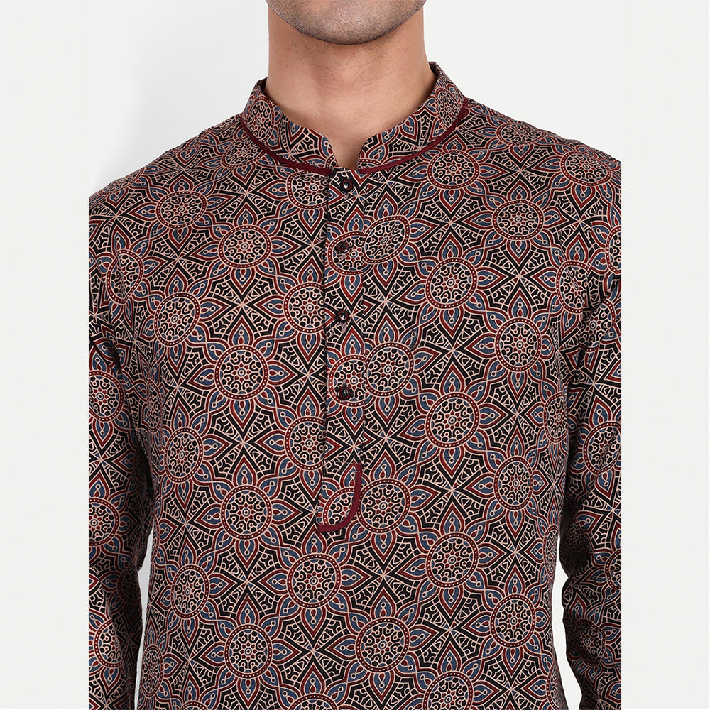 TESMARE Pure Cotton Long Sleeve Ajrak Men Straight Long Kurta ,Black