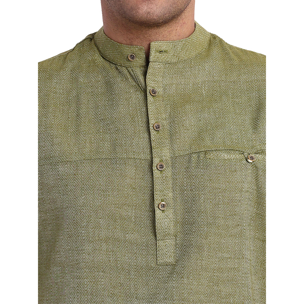 Tesmare 100% cotton self Design men shirt short Khadi kurta,Green