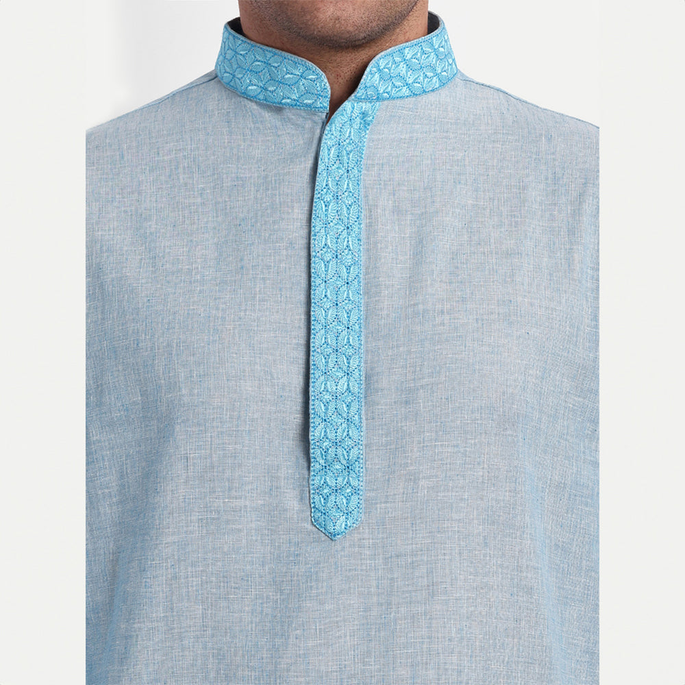 TESMARE Cotton Long Sleeve Embroidered Full Sleeve Men Straight Long Kurta, Blue
