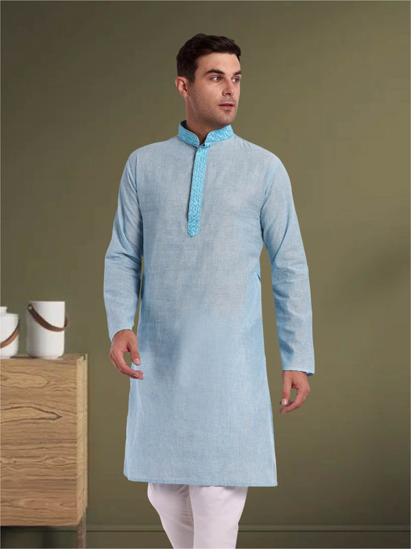 TESMARE Cotton Long Sleeve Embroidered Full Sleeve Men Straight Long Kurta, Blue