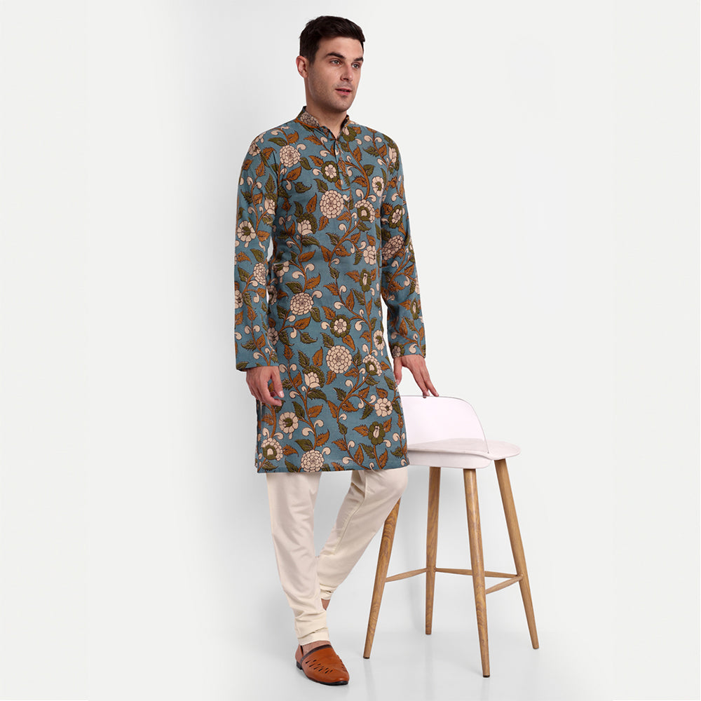 TESMARE Cotton Long Sleeve Kalamkari Men Straight Long Kurta,Blue
