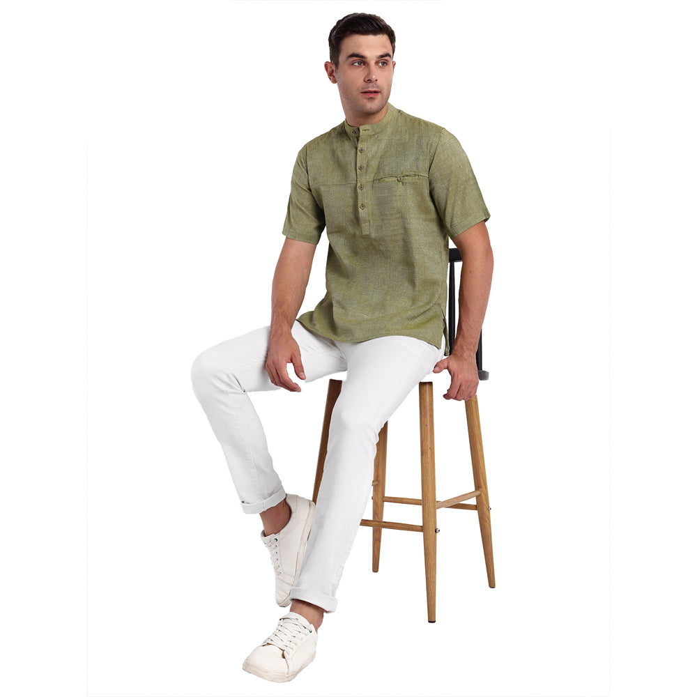 Tesmare 100% cotton self Design men shirt short Khadi kurta,Green