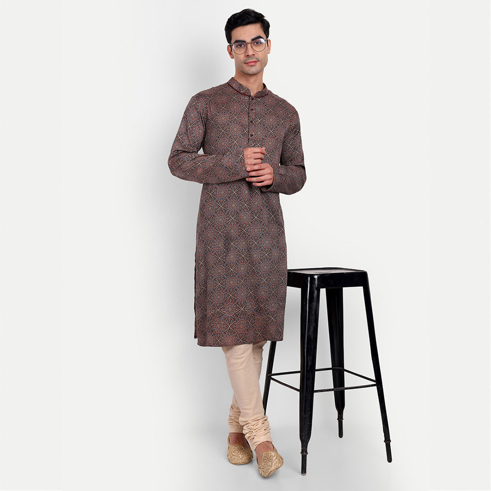 TESMARE Pure Cotton Long Sleeve Ajrak Men Straight Long Kurta ,Black