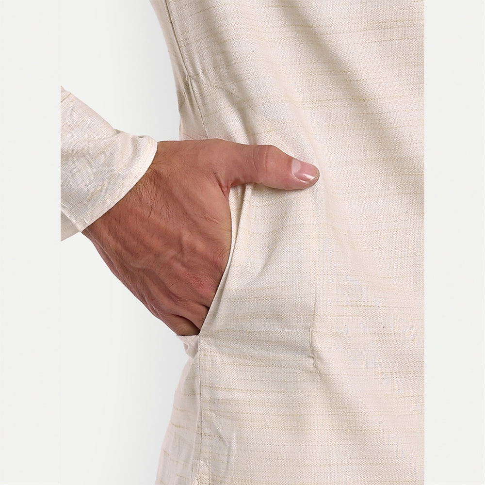 TESMARE Cotton Embroidered Full Sleeve Men Straight Long Kurta, Beige