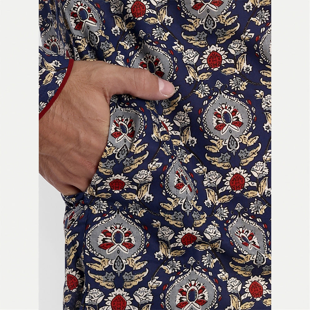 TESMARE Cotton Long Sleeve Printed Men Kurta Regular Fit Full Sleeve Men Straight Long Kurta,Blue