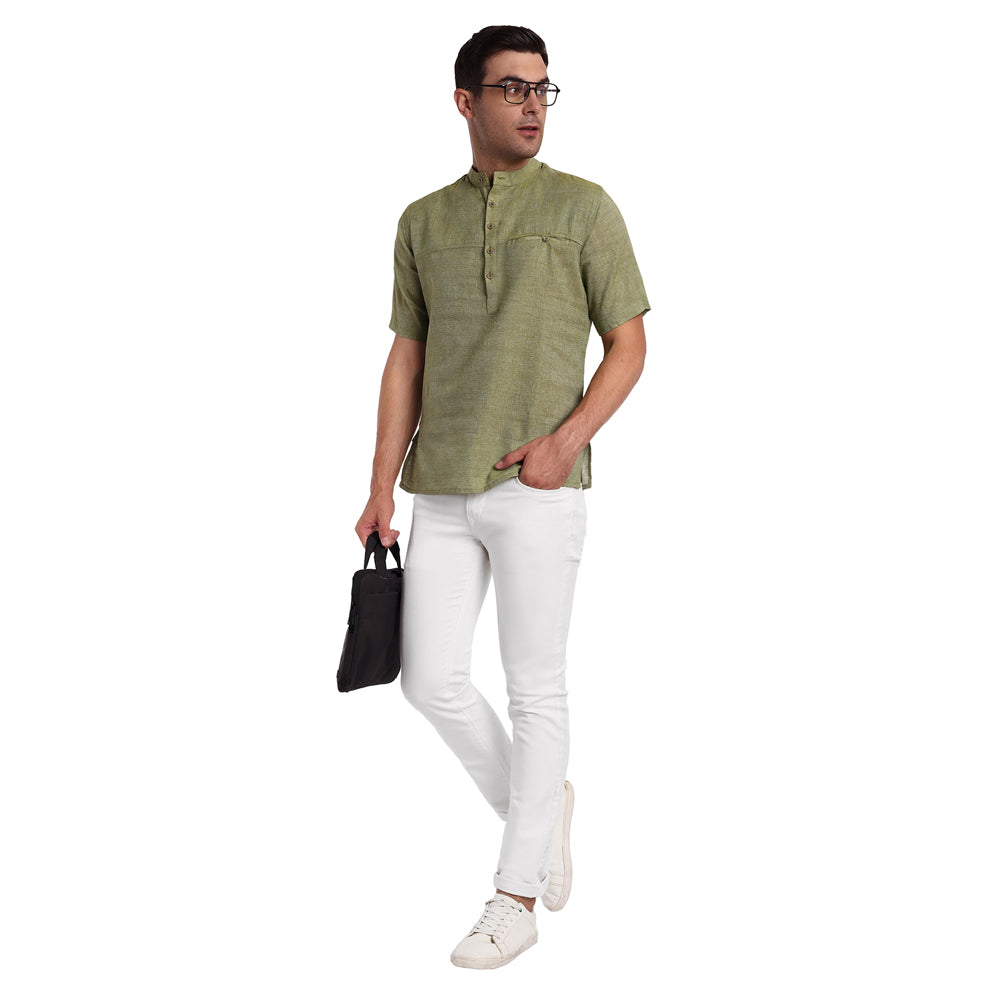 Tesmare 100% cotton self Design men shirt short Khadi kurta,Green