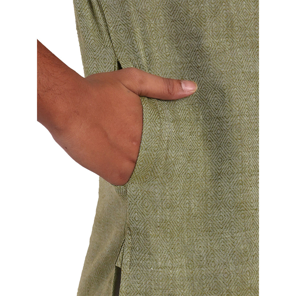Tesmare 100% cotton self Design men shirt short Khadi kurta,Green