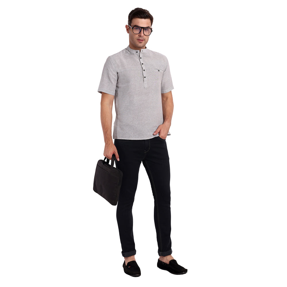 Tesmare Stripe men shirt short cotton kurta,Black