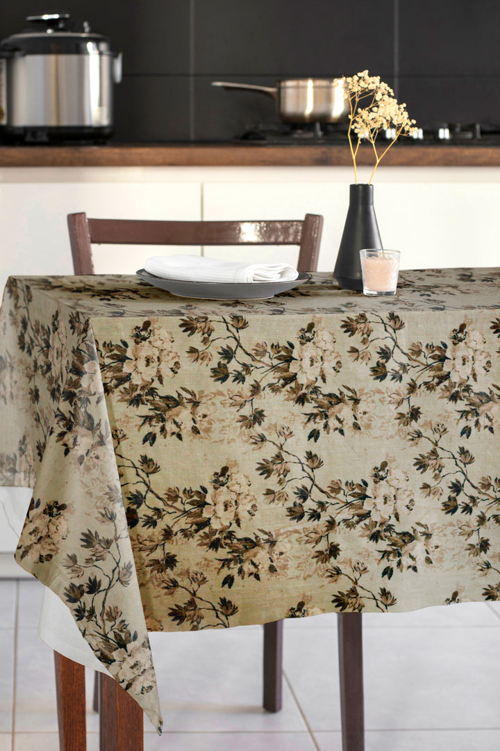 Tablecloth with floral pattern on a kitchen table