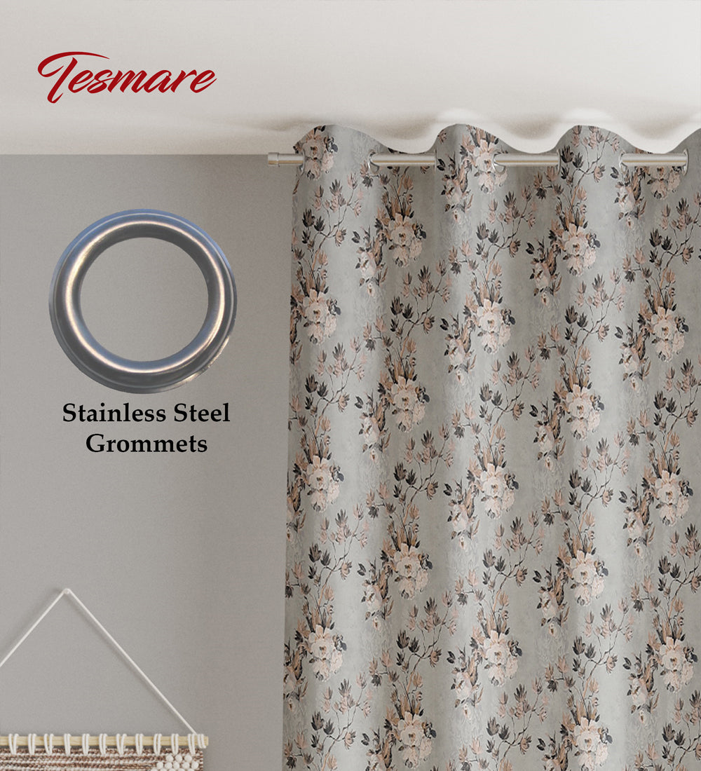Tesmare Floral Pattern Grey Velvet printed door Curtain for Living Room, 9ft, 1Pc