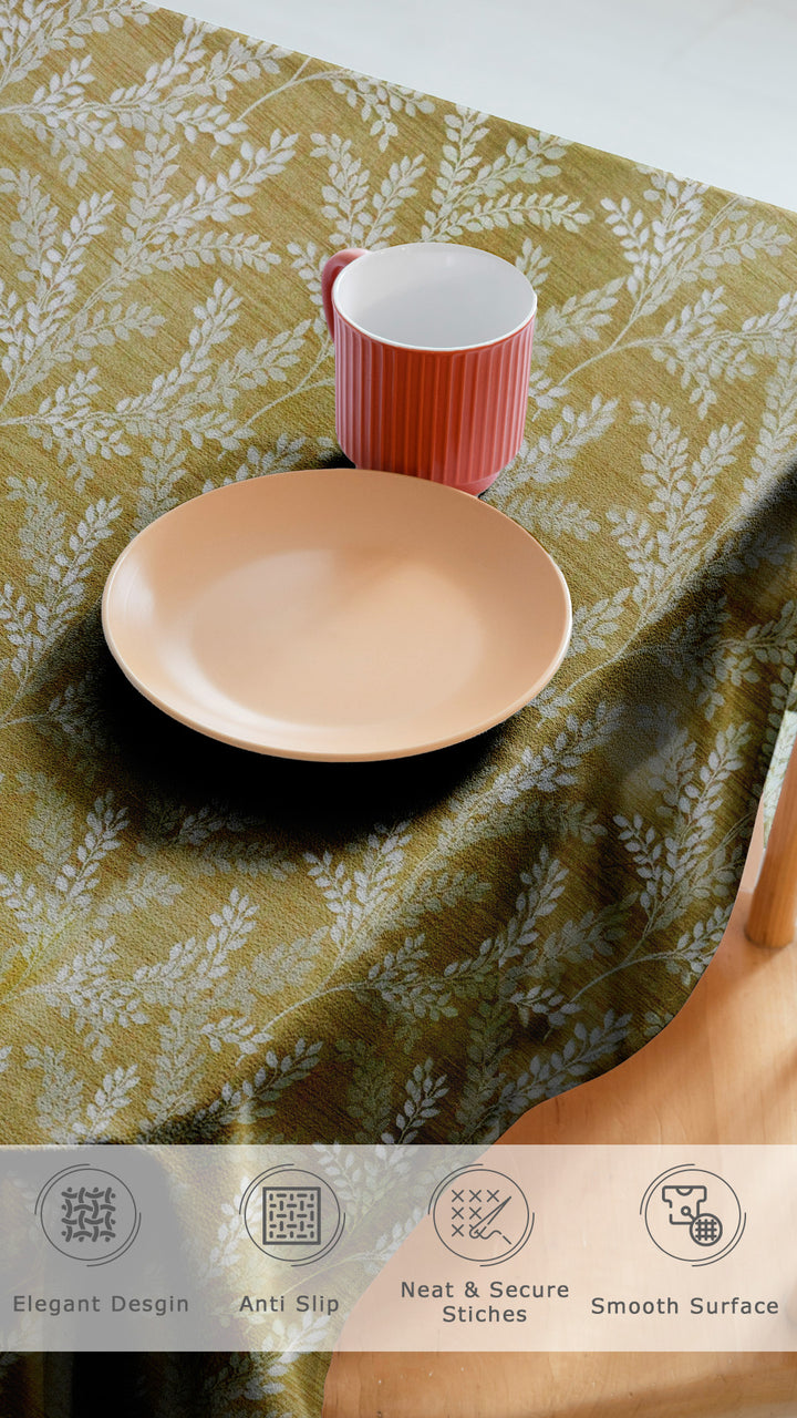 Pink plate and red mug on a patterned tablecloth with text indicating product features.
