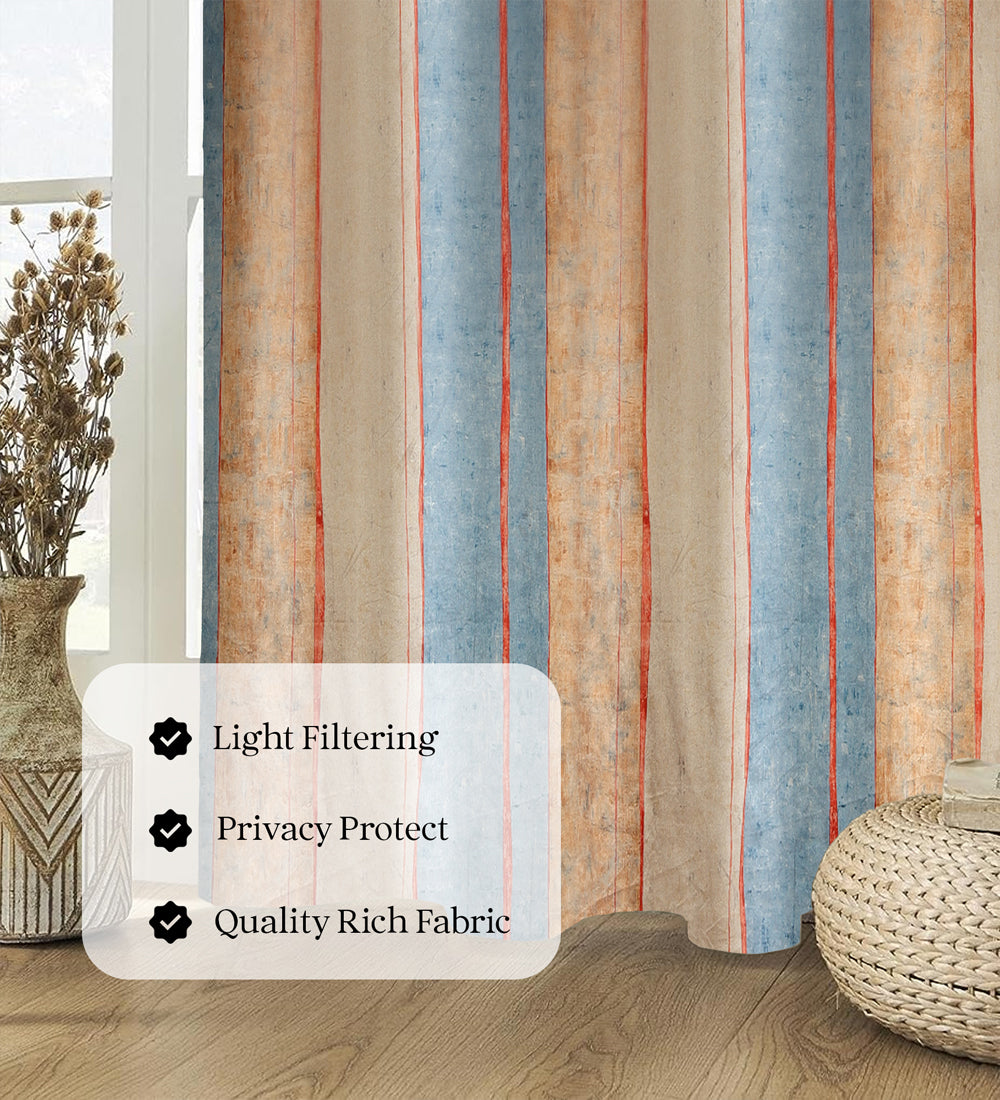 Tesmare Striped Pattern Beige-Blue Velvet printed door Curtains, 1Pc