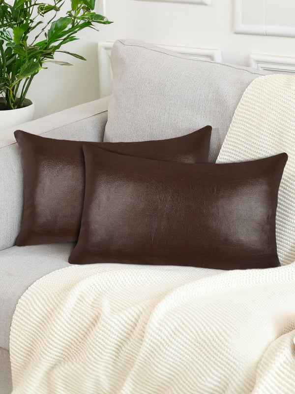 Tesmare Prime Set Of 2 Rectangular Leather Throw Pillow Cover, Dark Brown