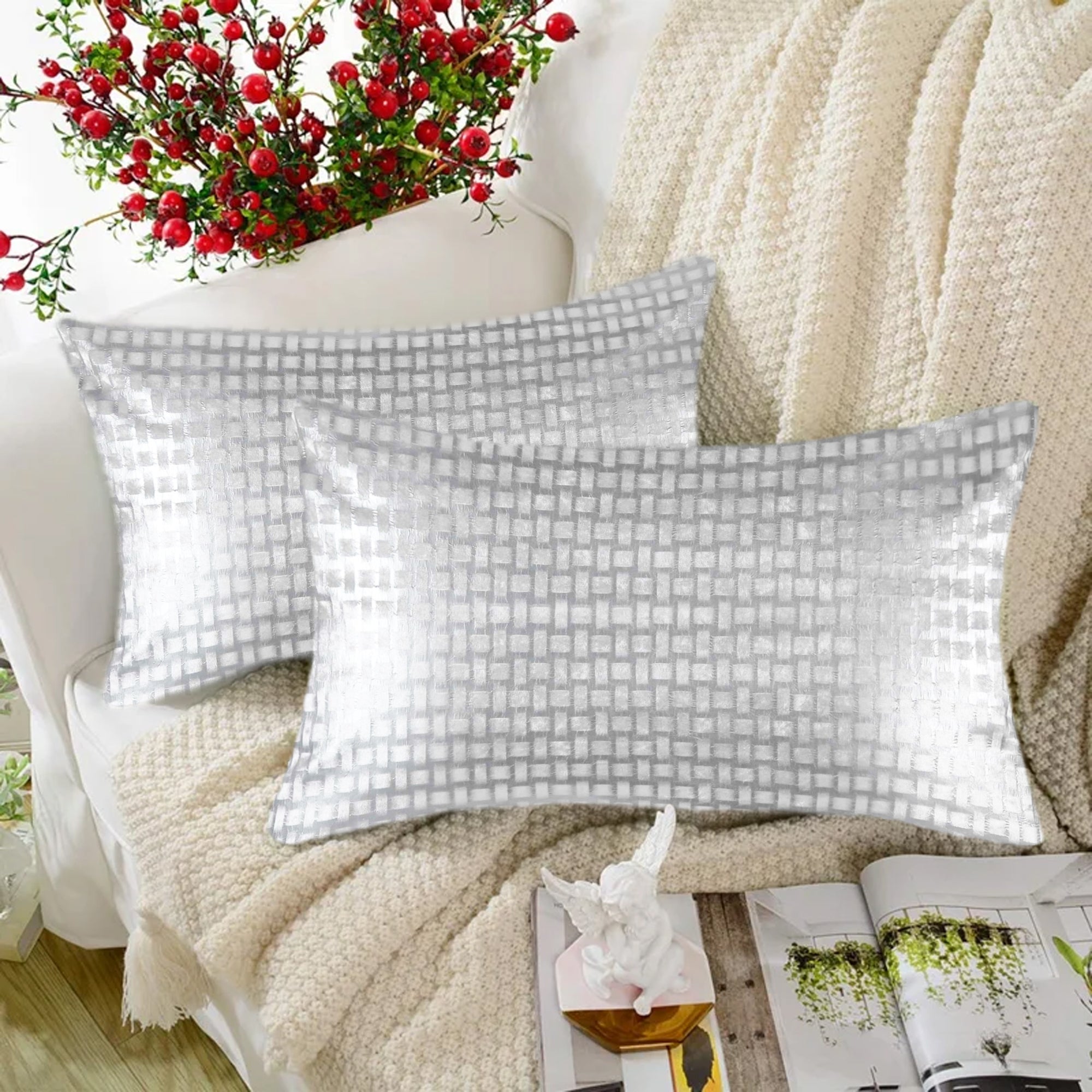 Tesmare Luxury Style Cushion Cover Super Soft Pillowcases set of 2, 12 x 20 inch, White/Silver