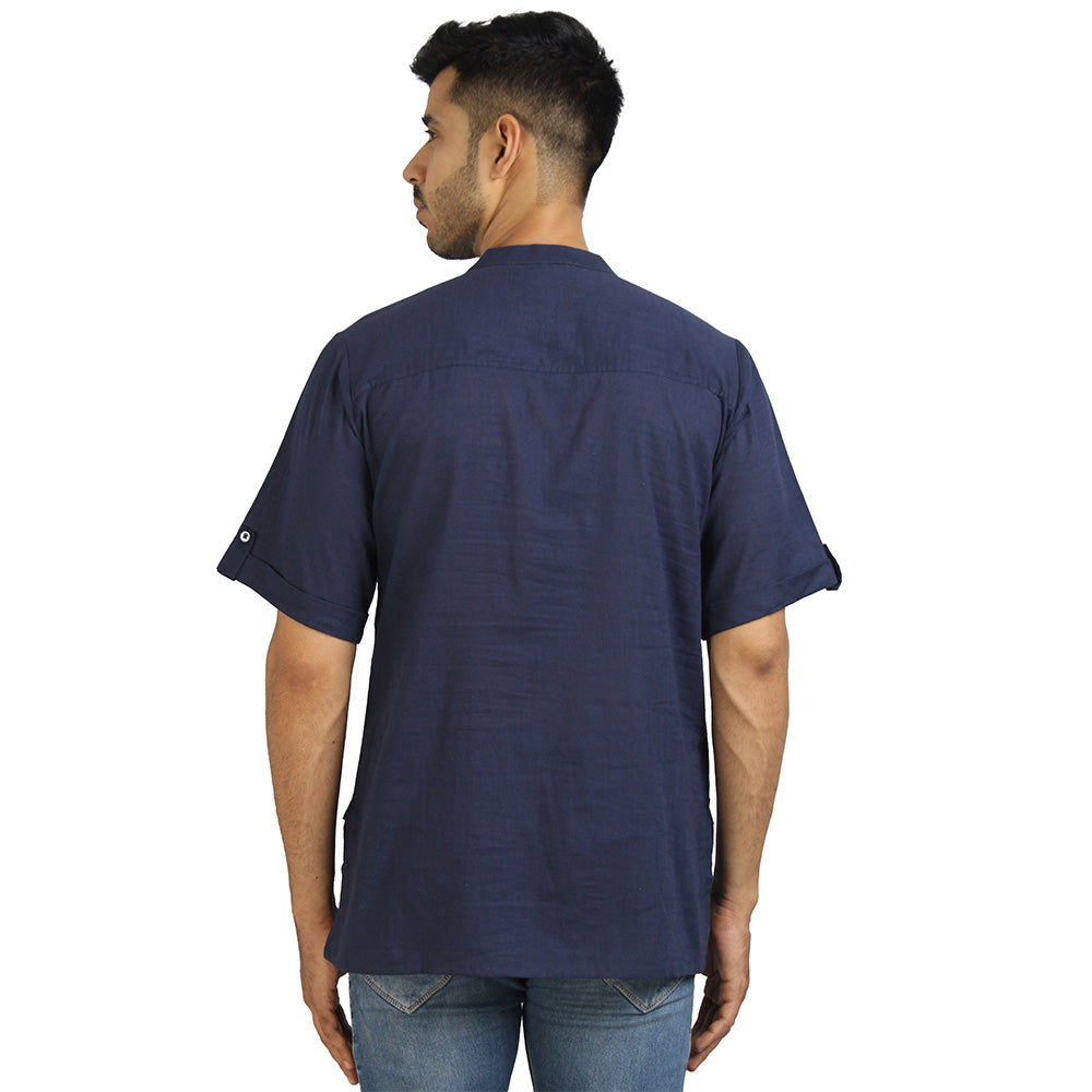 Casual 100% Cotton Half Sleeve Short Kurta For Men, Blue