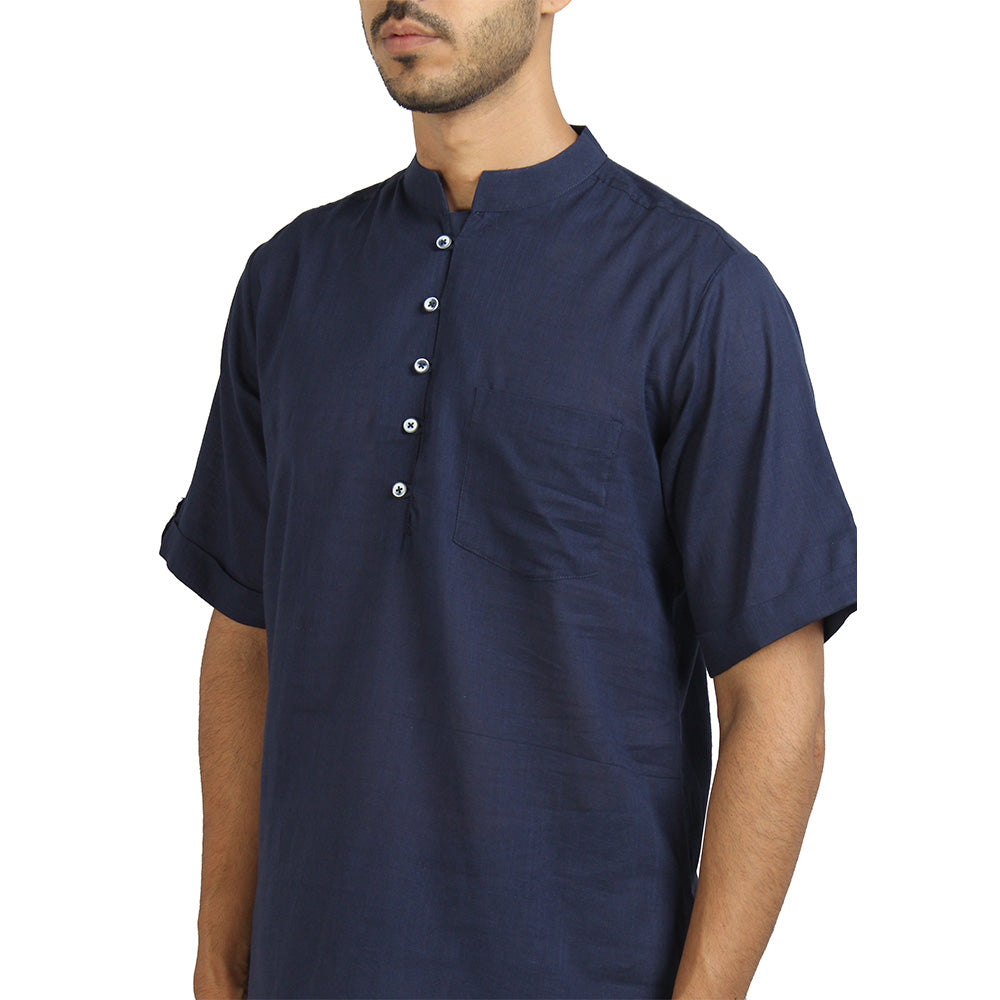 Casual 100% Cotton Half Sleeve Short Kurta For Men, Blue