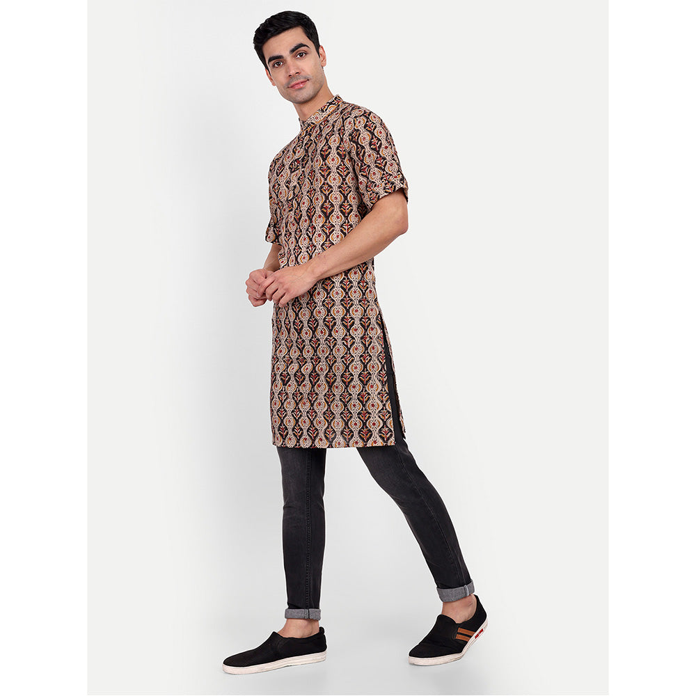 TESMARE Premium Kalamkari Cotton Men Shirt Kurta Regular Fit ,Beige-Black