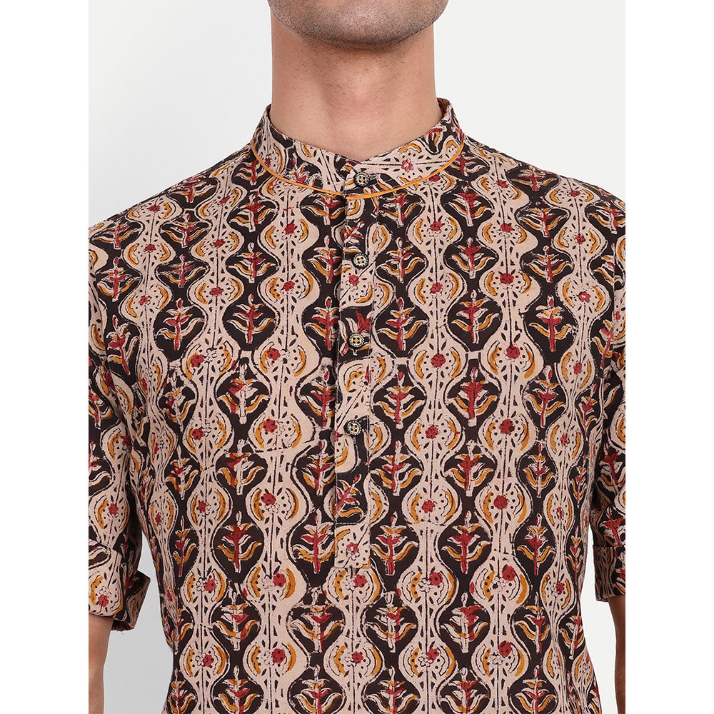 TESMARE Premium Kalamkari Cotton Men Shirt Kurta Regular Fit ,Beige-Black