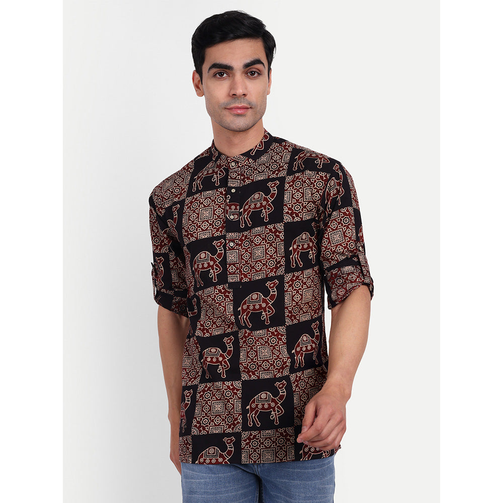 TESMARE Block Print Cotton Shirt Kurta Regular Fit Short Kurta, Black