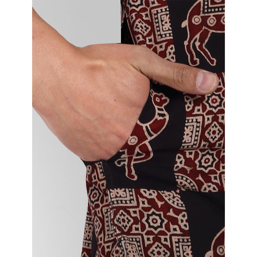 TESMARE Block Print Cotton Shirt Kurta Regular Fit Short Kurta, Black
