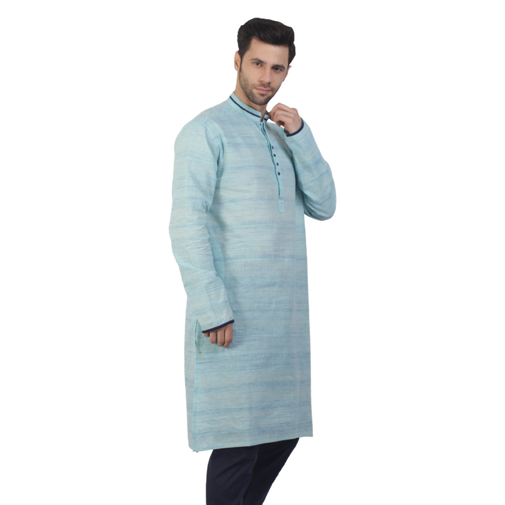 Traditional 100 % Cotton Long Sleeve Kurta for Men, Light blue Stripe