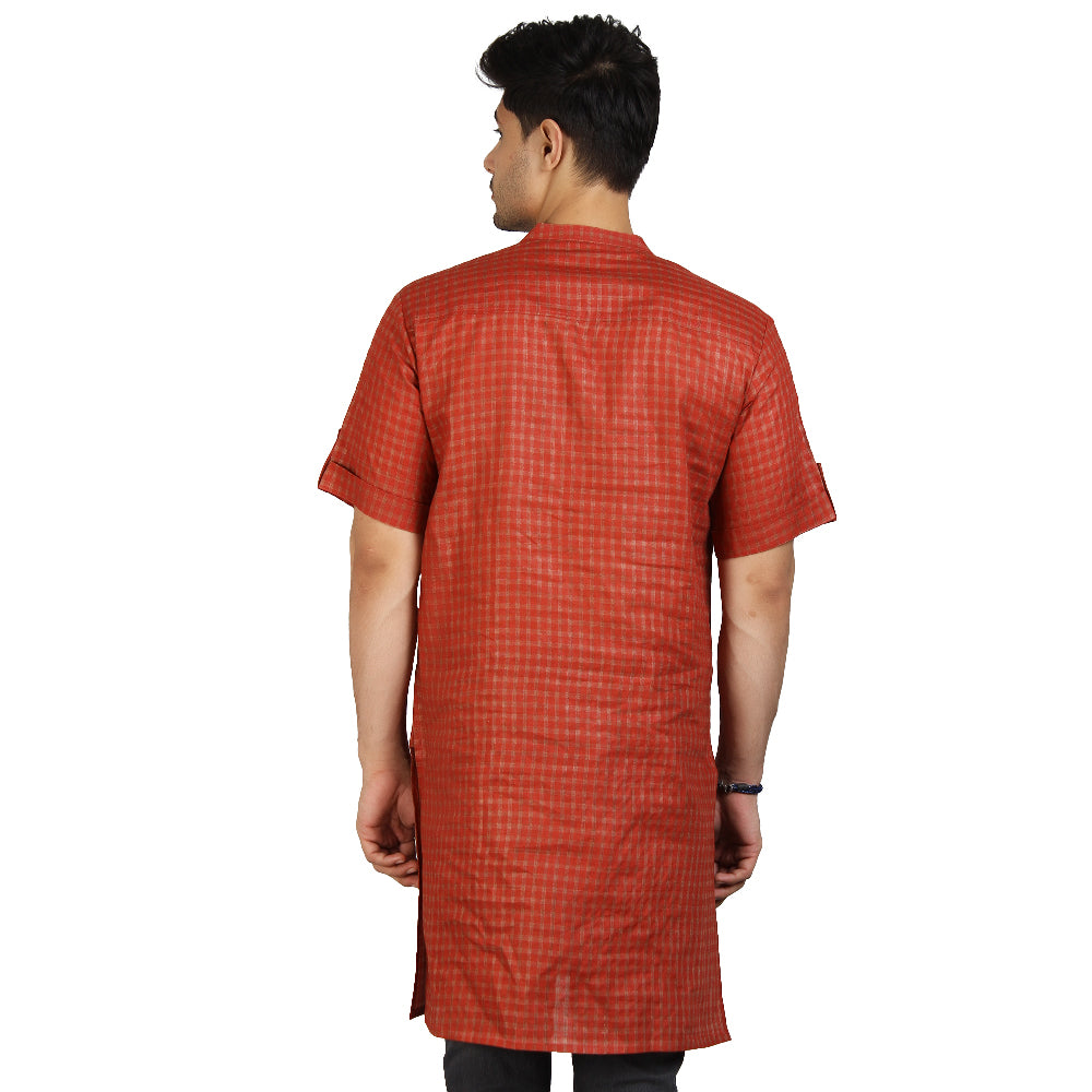 Fashionable 100% Cotton Check Casual Kurta For Men, Red