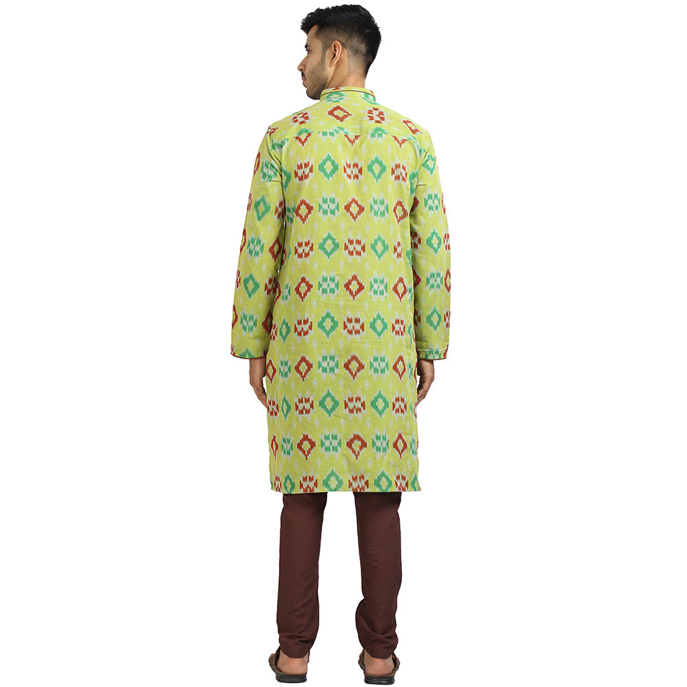 Printed 100 % Cotton Ikkat Full Sleeve Long Kurta for Men, Green
