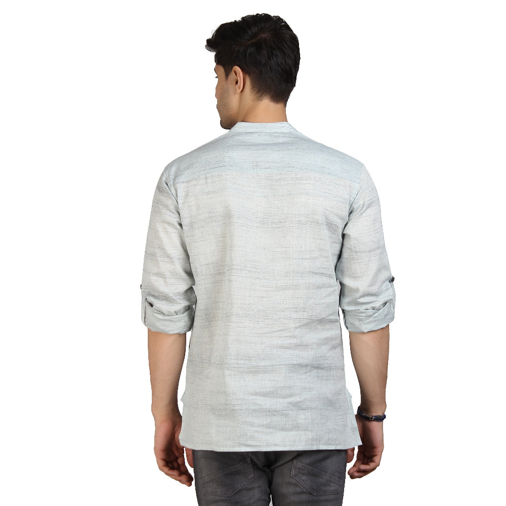 Casual Elegance 100% Cotton Men's Full Sleeve Short Kurta for Men, Grey-Blue