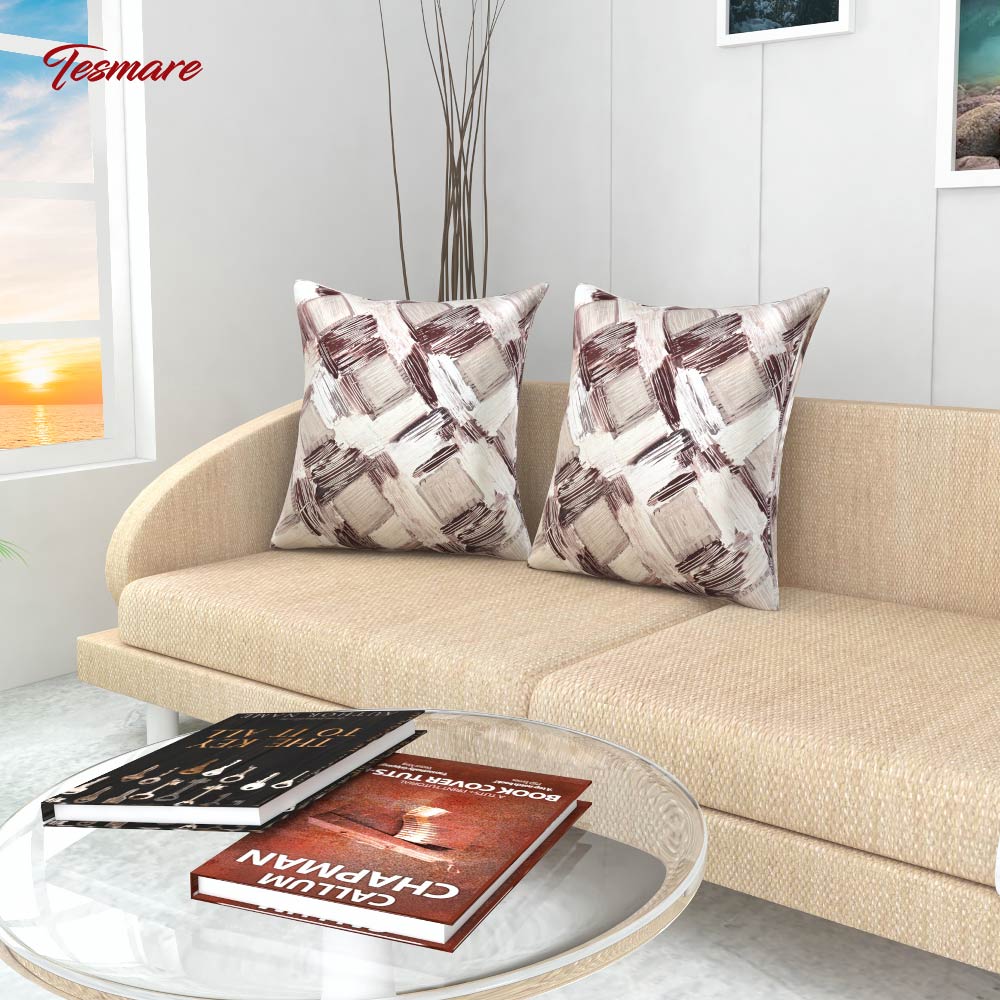 TESMARE Quality Rich Printed Cushion Cover, 24 x 24 Inch,Cream, 2 Pieces