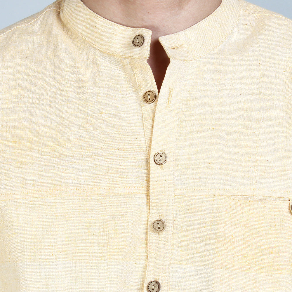 Designer 100% Khadi Cotton Full Sleeve Short Kurta For Men, Yellow- Orange